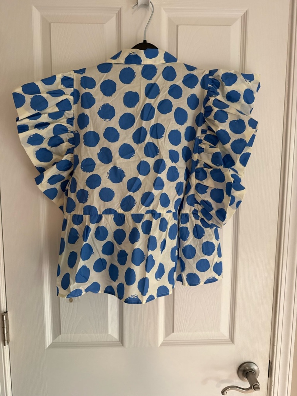JODIFL White Shirt with Bold Blue Polka Dots and Ruffle Sleeves - Picture 2 of 3